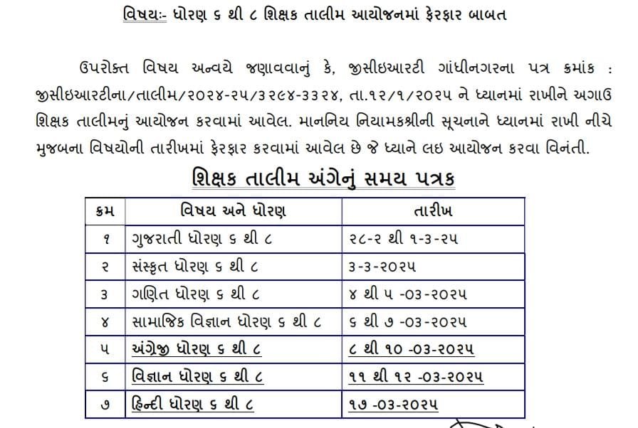 શિક્ષક તાલીમ અંગેનું સમય પત્રક 