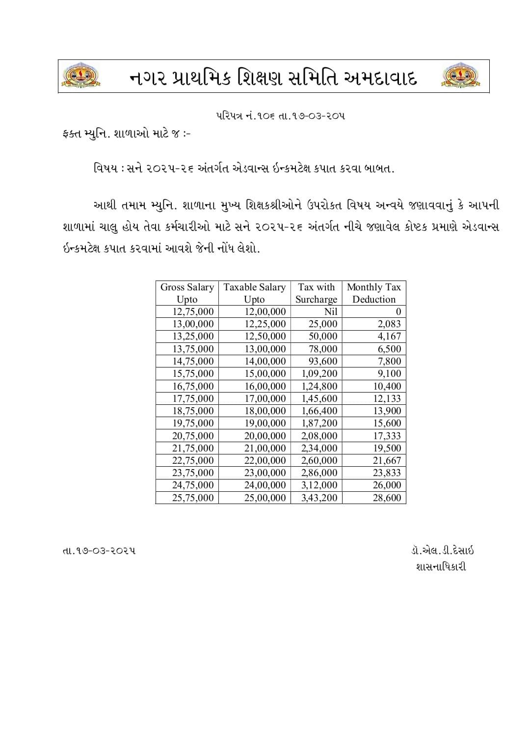 વર્ષ 2025-26 માટે પગાર માંથી એડવાન્સ ઇન્કમ ટેક્સ કેટલો કપાવવો