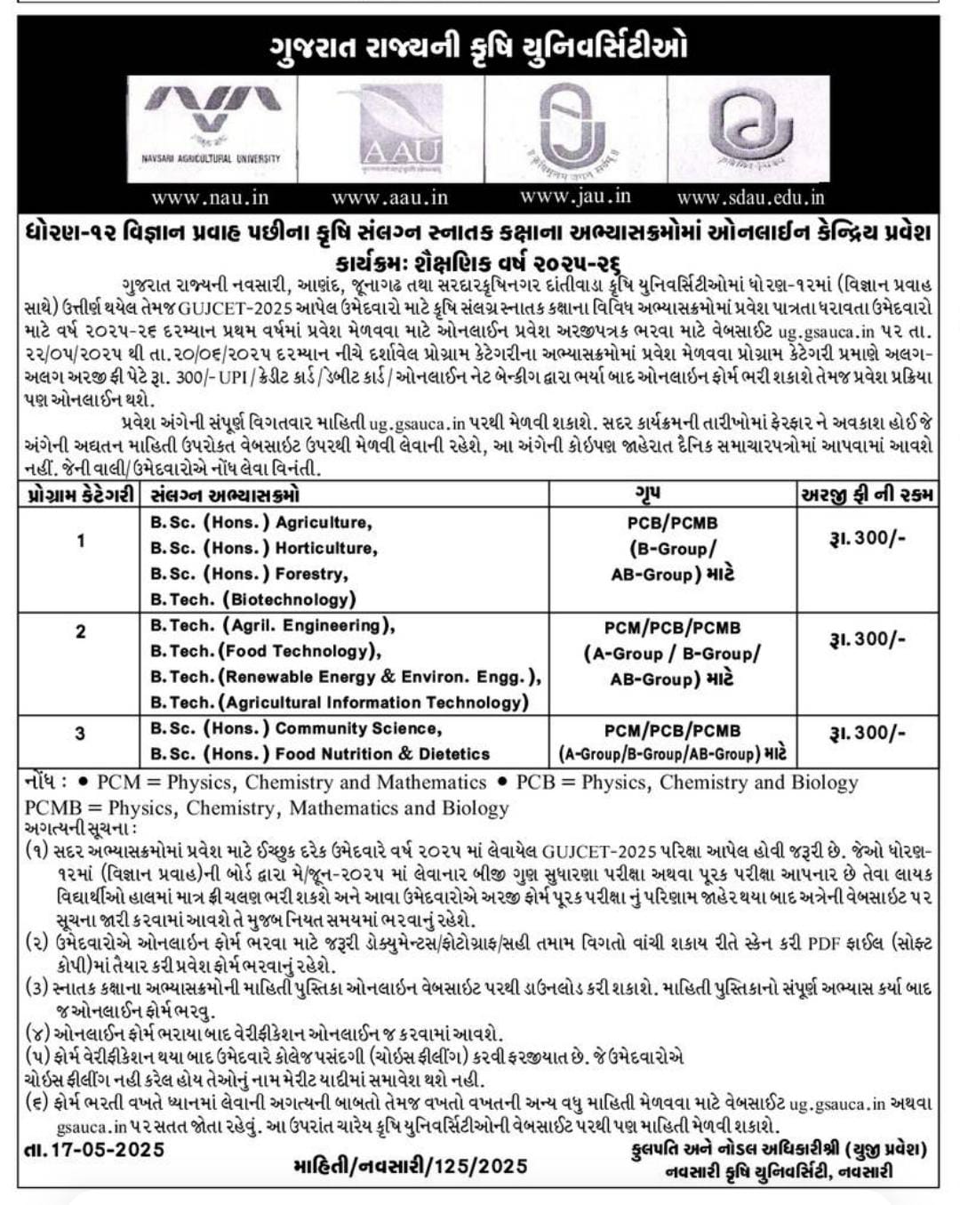ધોરણ 12 સાયન્સ પછી કૃષિ યુનિવર્સિટીમાં પ્રવેશ માટે ઓનલાઇન ફોર્મ ભરવાની પ્રક્રિયા શરૂ - વર્ષ 2025-26